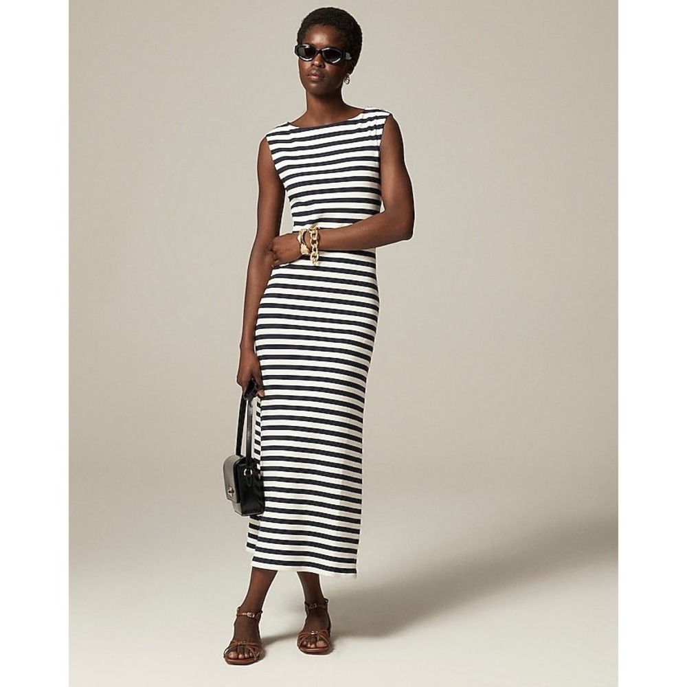 J.crew Knit Boatneck Ribbed Midi Dress in Navy & White Stripes CI445 XS
